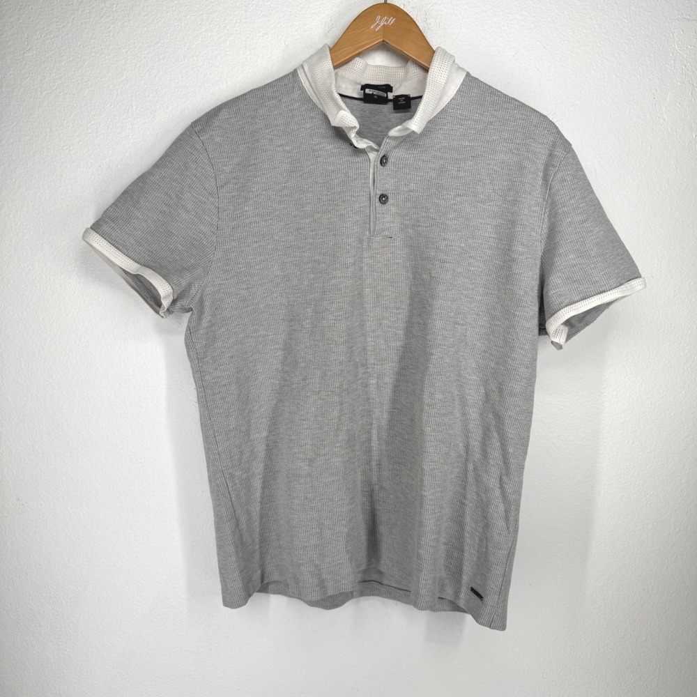 Hugo Boss Mens Grey Textured Knit Regular Fit Polo Shirt XL White Trim Trim